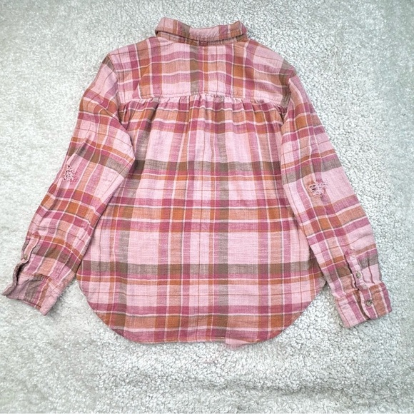 American Eagle Plaid Flannel Shirt. Factory Distressed Tears Rips Pink. Medium - Picture 2 of 9